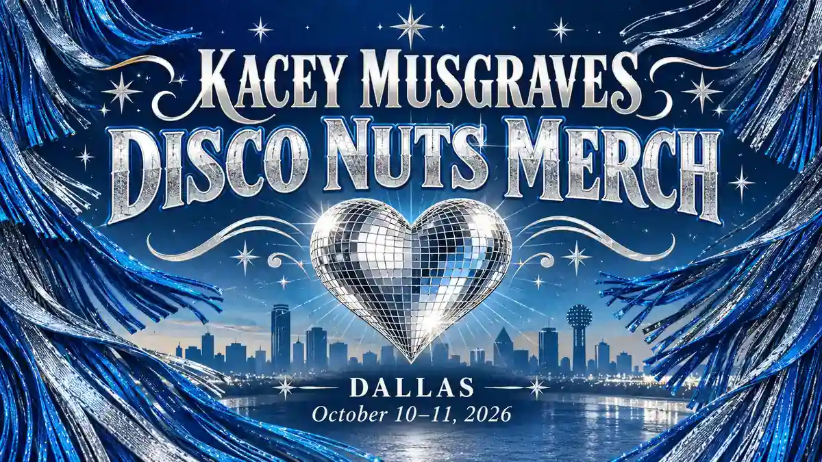 Illustrated Kacey Musgraves Disco Nuts merch cover for Dallas, October 10–11, 2026