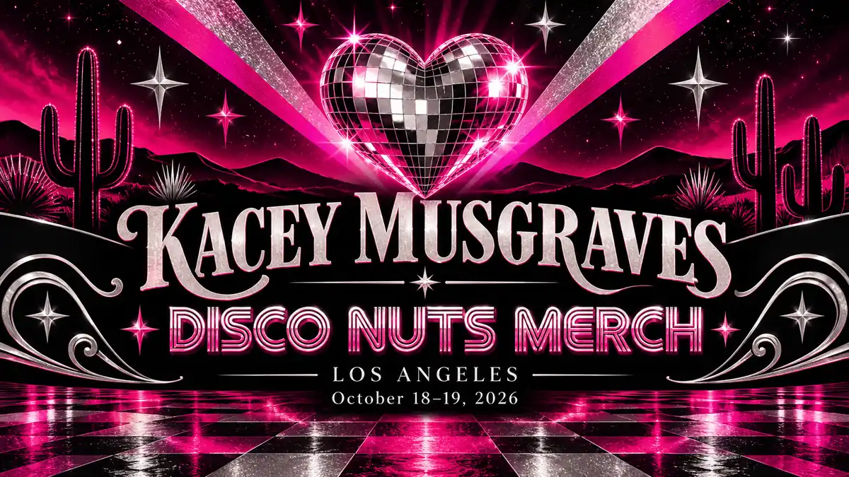 Illustrated Kacey Musgraves Disco Nuts merch cover for Los Angeles, October 18–19, 2026