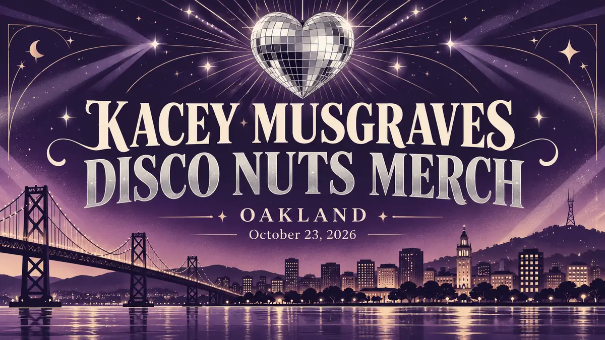 Illustrated Kacey Musgraves Disco Nuts merch cover for Oakland, October 23, 2026