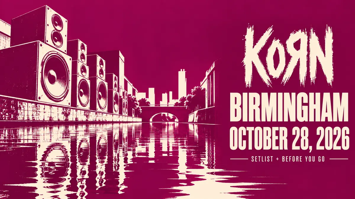 Illustrated speakers beside a Birmingham canal, with Korn and October 28, 2026 concert guide text