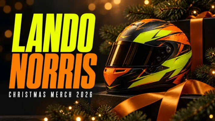 LANDO NORRIS Christmas merch 2026 editorial cover with a conceptual racing helmet