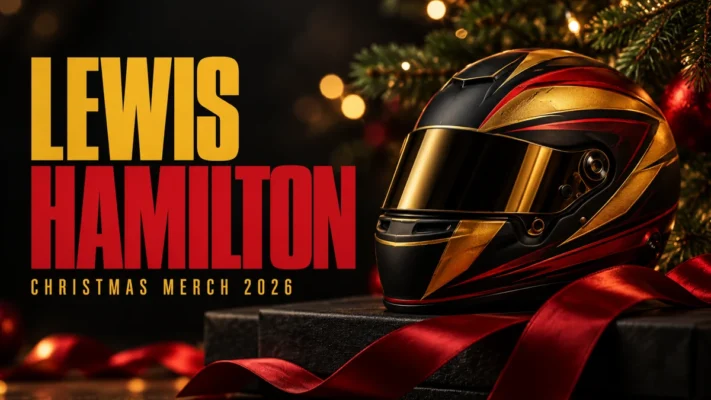 LEWIS HAMILTON Christmas merch 2026 editorial cover with a conceptual racing helmet