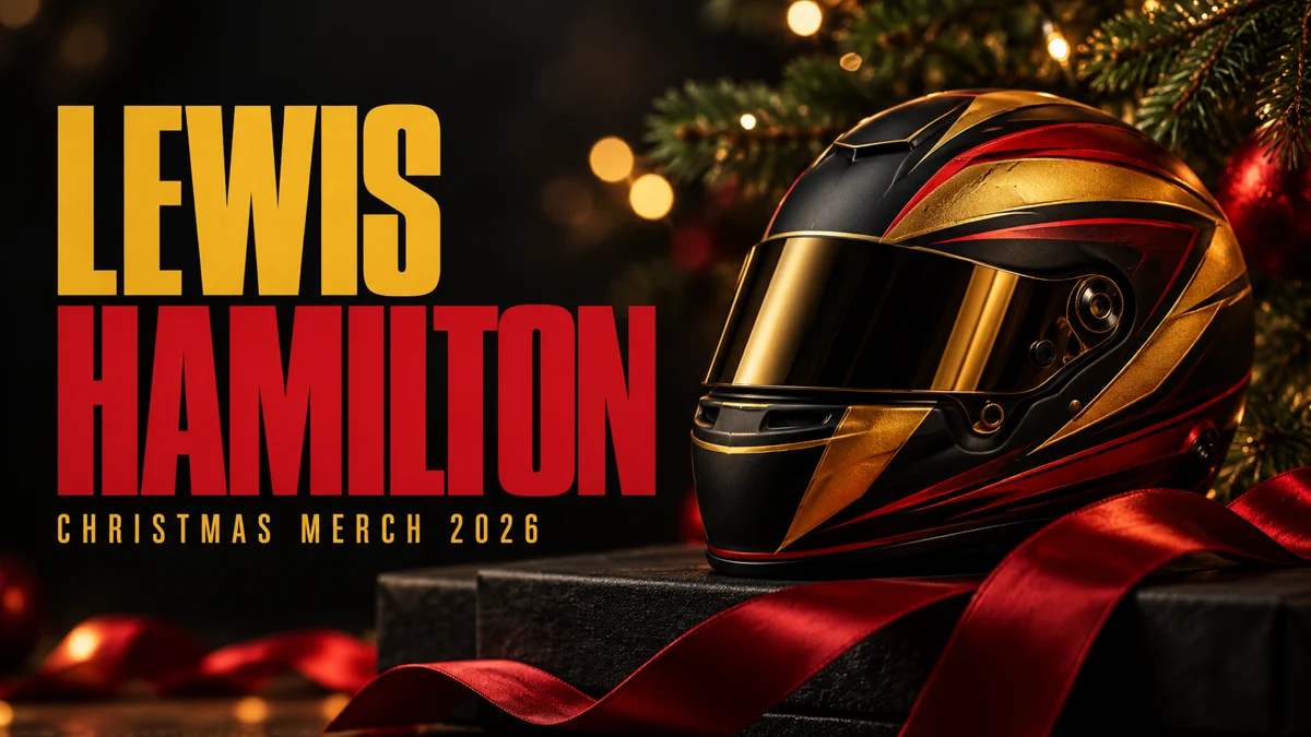 LEWIS HAMILTON Christmas merch 2026 editorial cover with a conceptual racing helmet