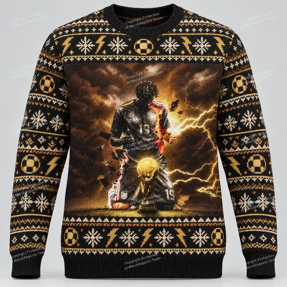 Lamine Yamal Number 19 Golden Trophy Lightning Christmas Ugly Sweater Shirt product mockup