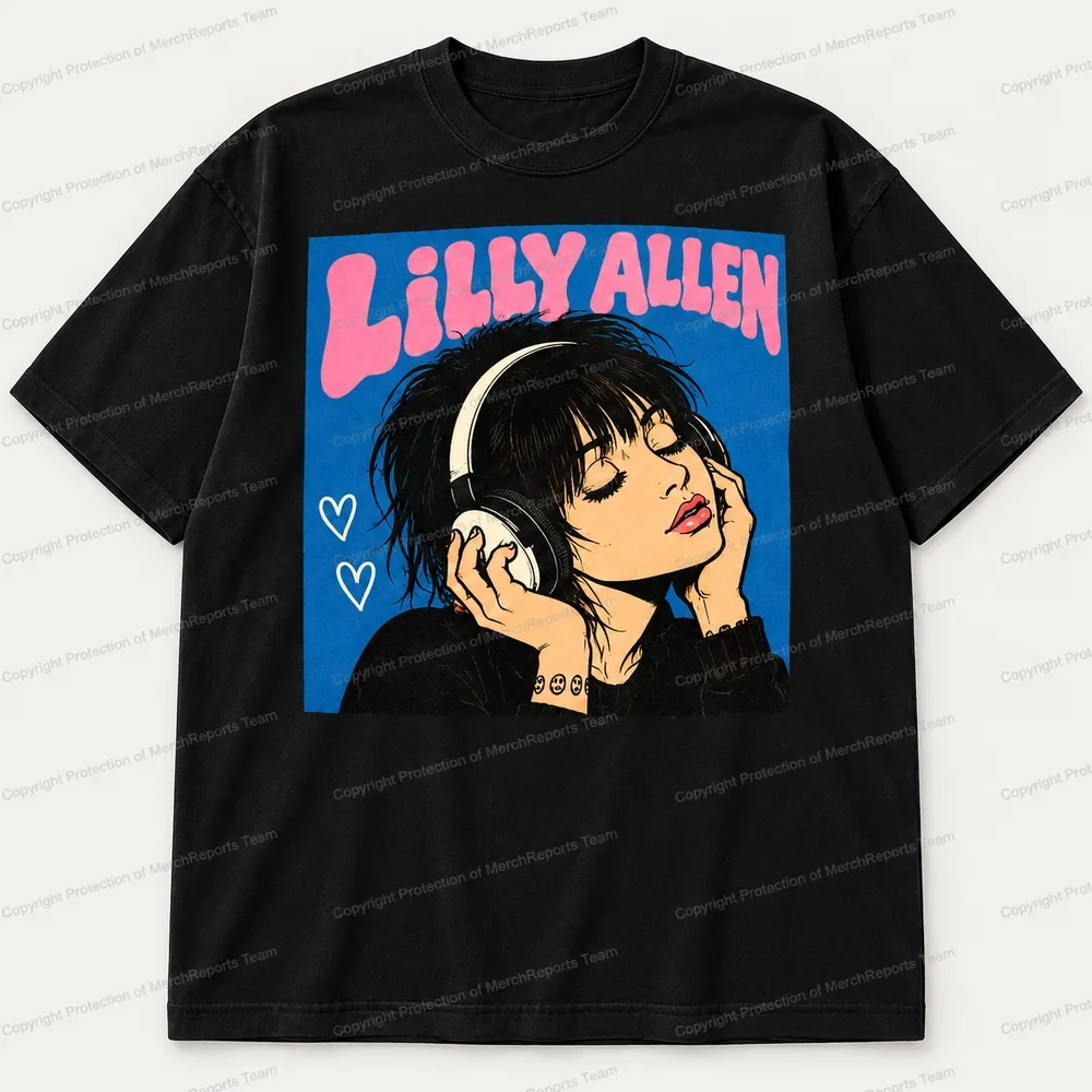 Lily Allen Blue Headphones Portrait Black Tee product artwork