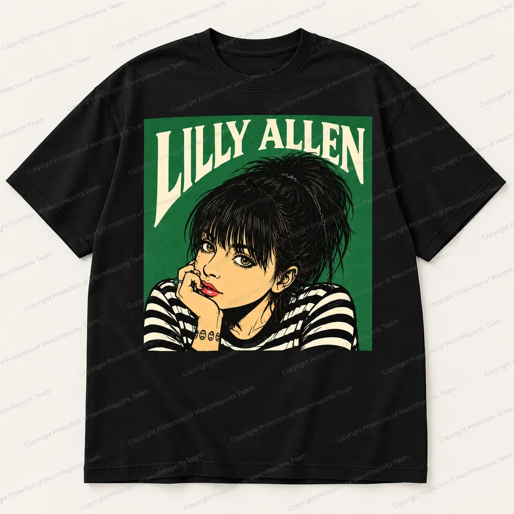 Lily Allen Green Striped-Top Portrait Black Tee product artwork