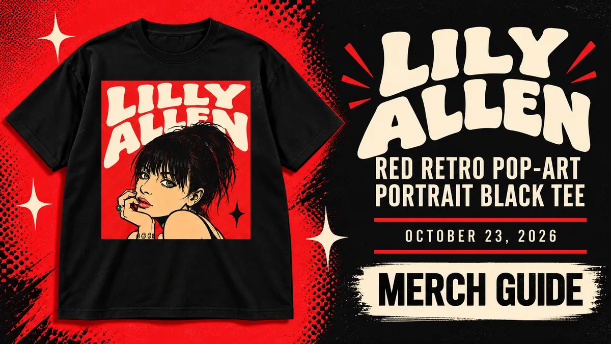 Lily Allen Red Retro Pop-Art Portrait Black Tee artwork and dated merch guide title
