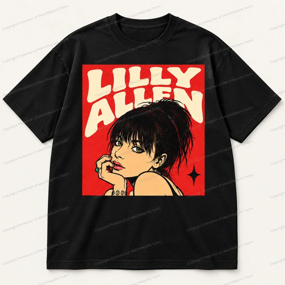 Lily Allen Red Retro Pop-Art Portrait Black Tee product artwork