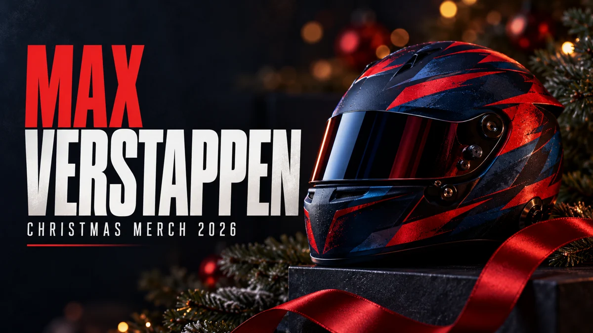 MAX VERSTAPPEN Christmas merch 2026 editorial cover with a conceptual racing helmet