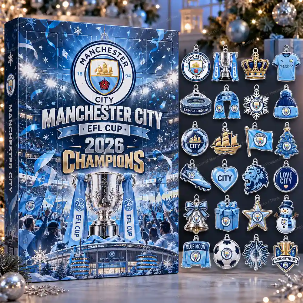 Manchester City EFL Cup 2026 Champions Trophy Celebration Christmas 24 Ornaments Acrylic Advent Calendar Design A product mockup