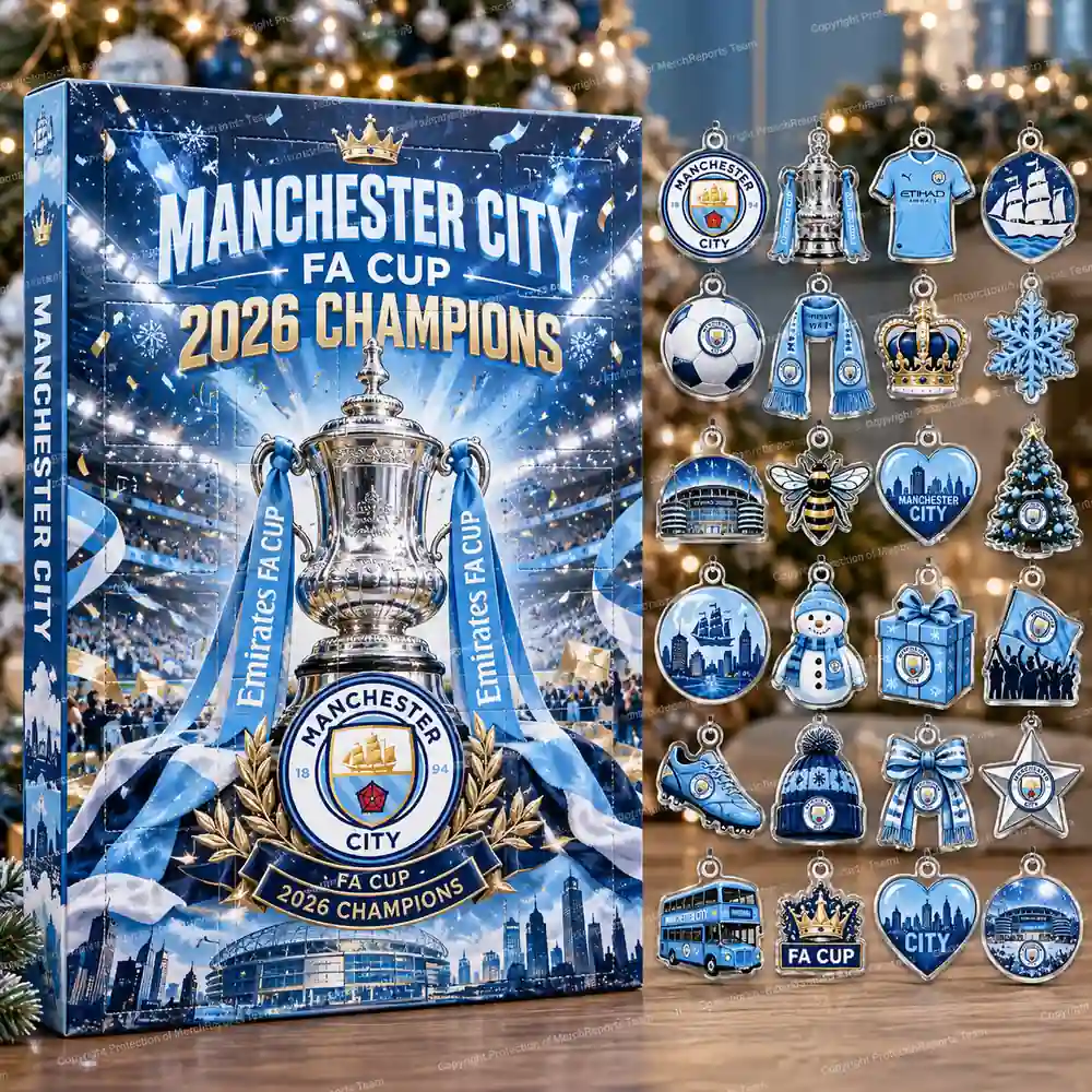 Manchester City FA Cup 2026 Champions Trophy Celebration Christmas 24 Ornaments Acrylic Advent Calendar Design A product mockup