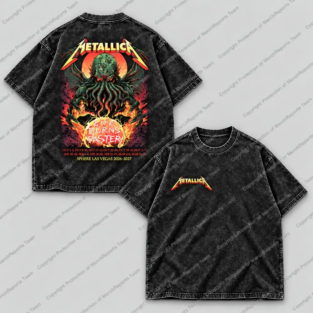 Metallica Fire Monster acid-washed shirt, front and back