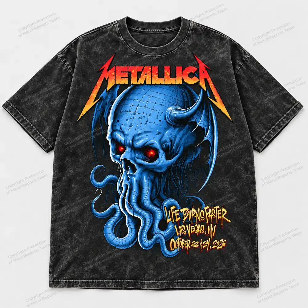 Metallica blue skull graphic on an acid-washed T-shirt