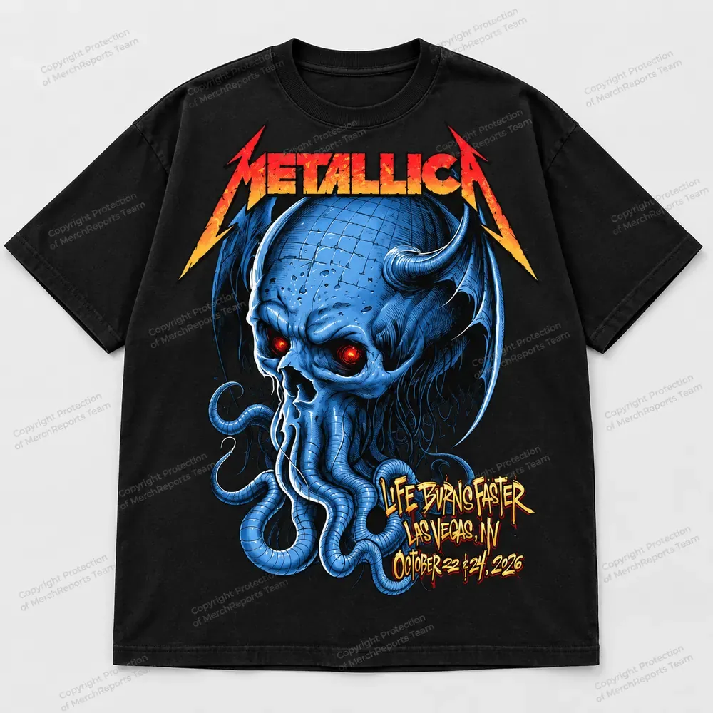 Metallica blue skull graphic on a black cotton T-shirt