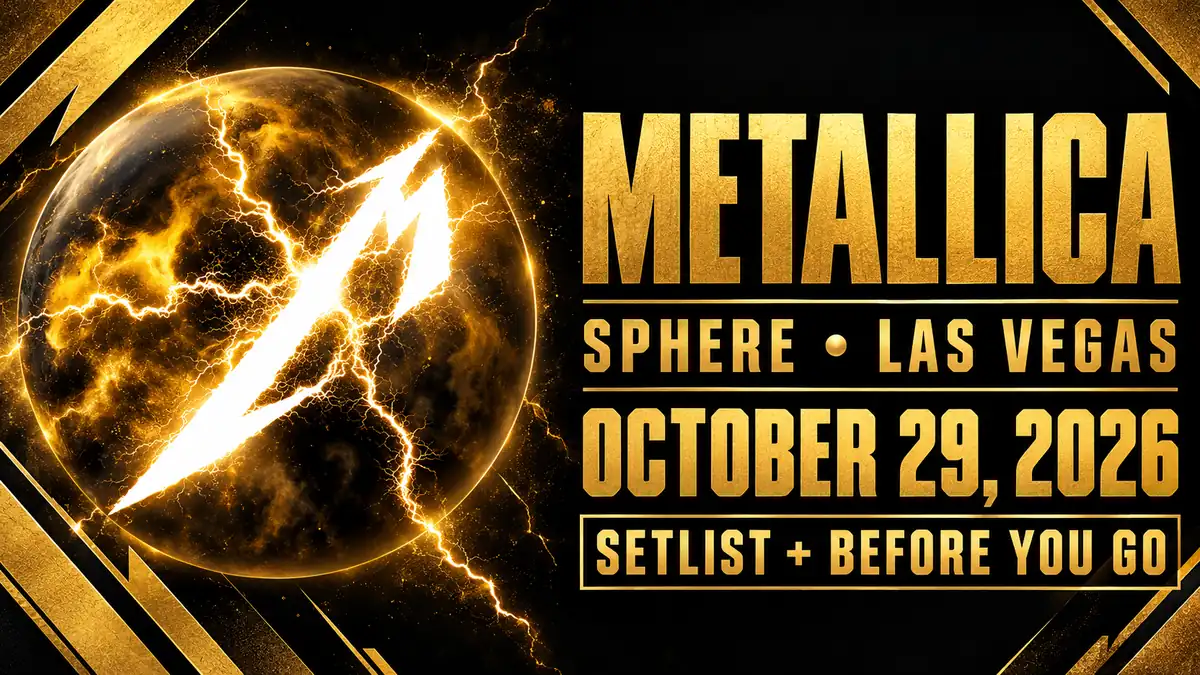 Metallica lightning emblem with Sphere Las Vegas October 29, 2026 show guide title