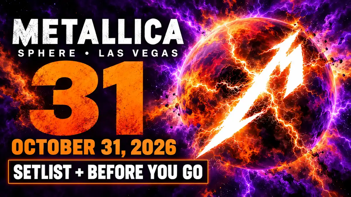 Metallica lightning emblem with Sphere Las Vegas October 31, 2026 show guide title