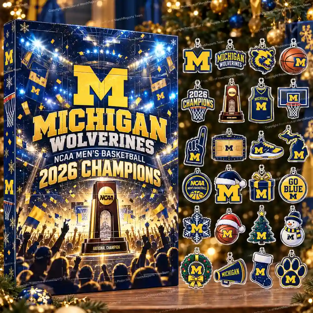 Michigan Wolverines NCAA Men's Basketball 2026 Champions Trophy Celebration Christmas 24 Ornaments Acrylic Advent Calendar Design A
