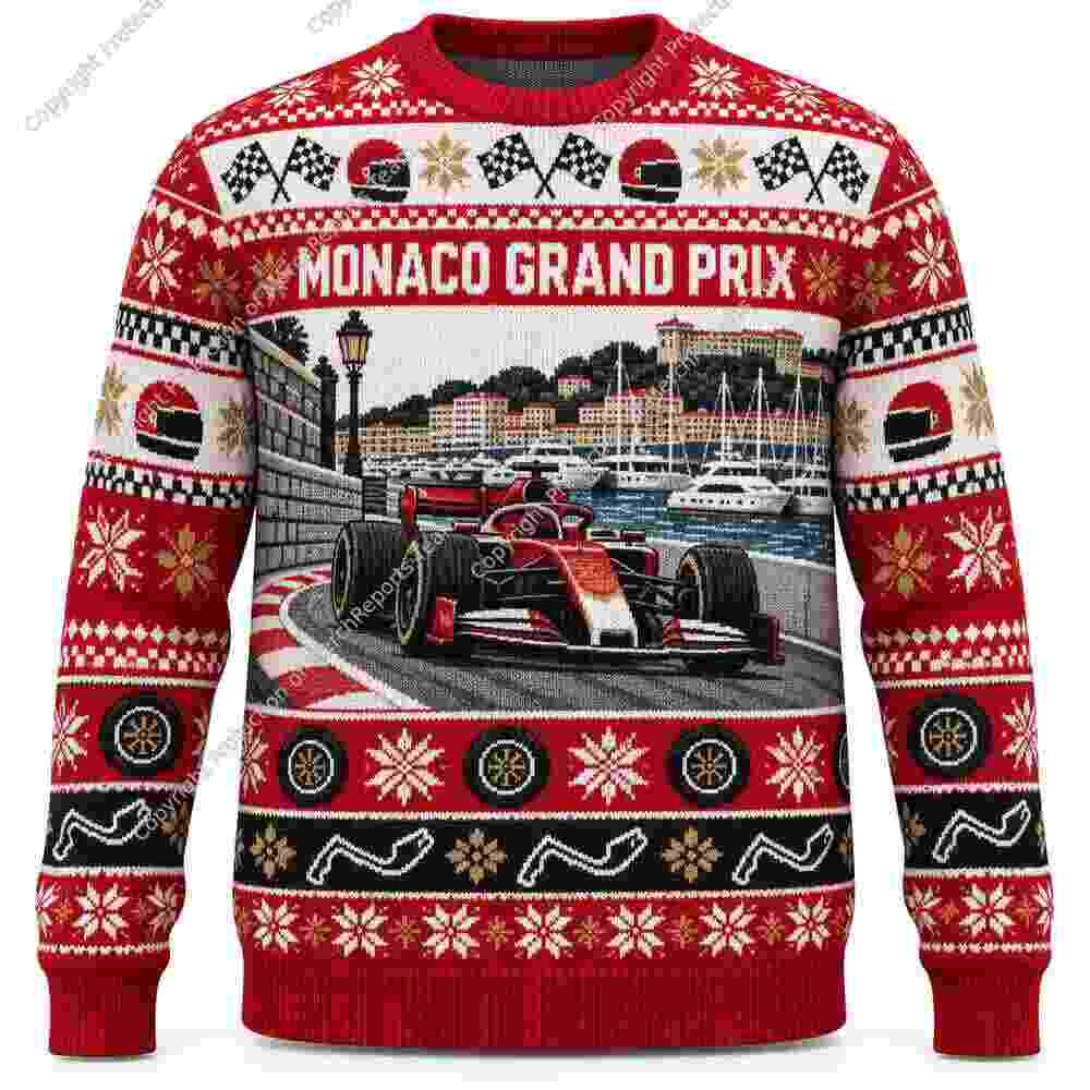 Monaco Grand Prix Formula Car Ugly Christmas Sweater Holiday Gift