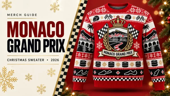 Monaco Grand Prix Racing Crest Ugly Christmas Sweater artwork and 2026 merch guide title