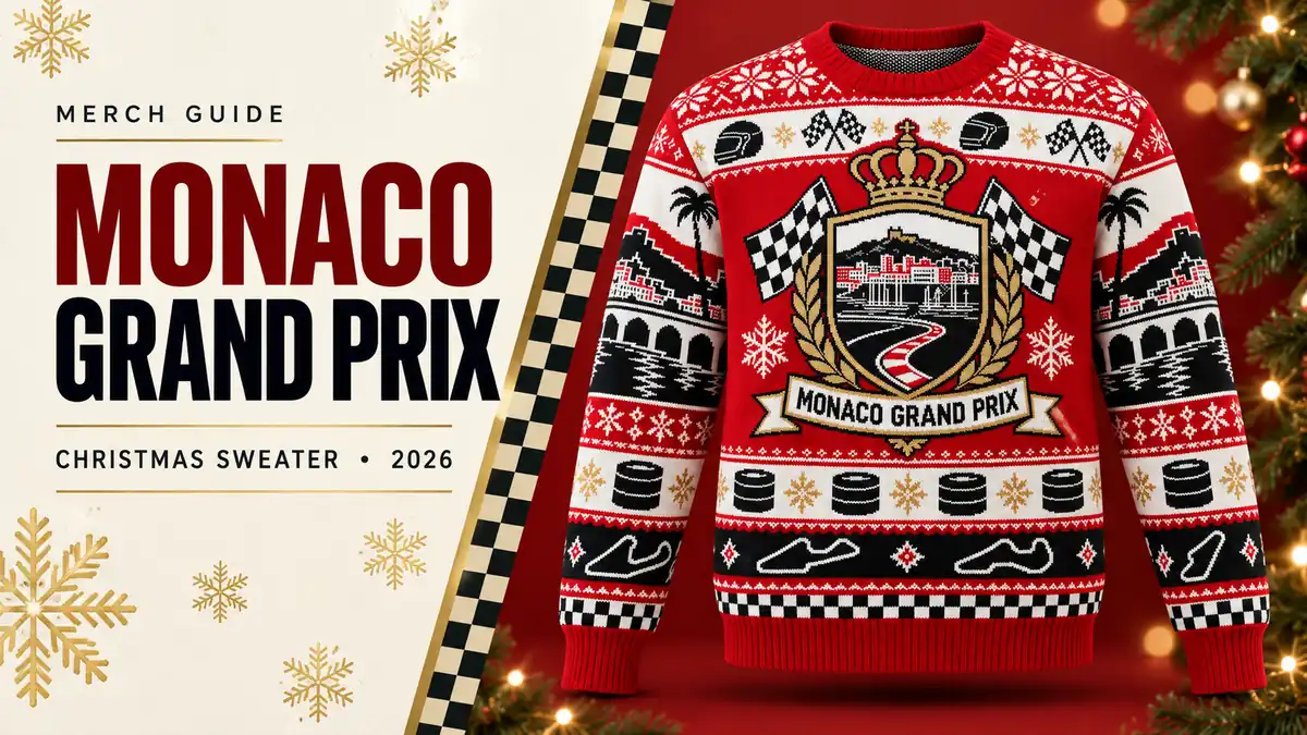 Monaco Grand Prix Racing Crest Ugly Christmas Sweater artwork and 2026 merch guide title