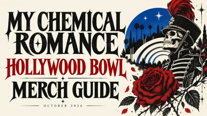 Illustrated skeletal parade leader and red rose beside the My Chemical Romance Hollywood Bowl merch guide headline