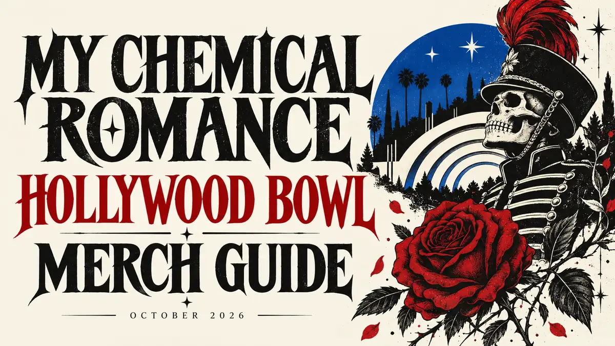 Illustrated skeletal parade leader and red rose beside the My Chemical Romance Hollywood Bowl merch guide headline