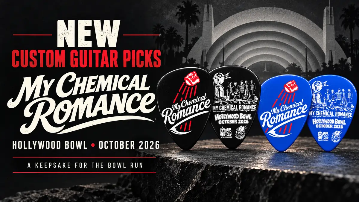 Black and royal blue custom My Chemical Romance guitar picks with Hollywood Bowl October 2026 artwork