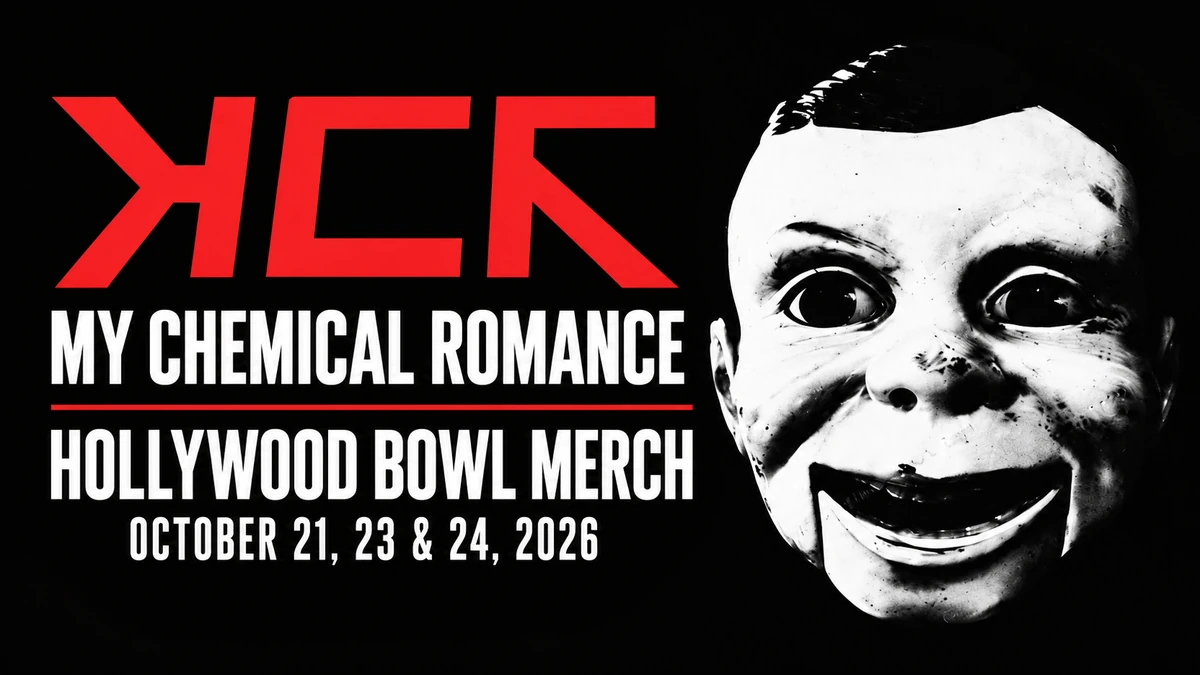 MCR red logo and dummy face artwork for Hollywood Bowl merch