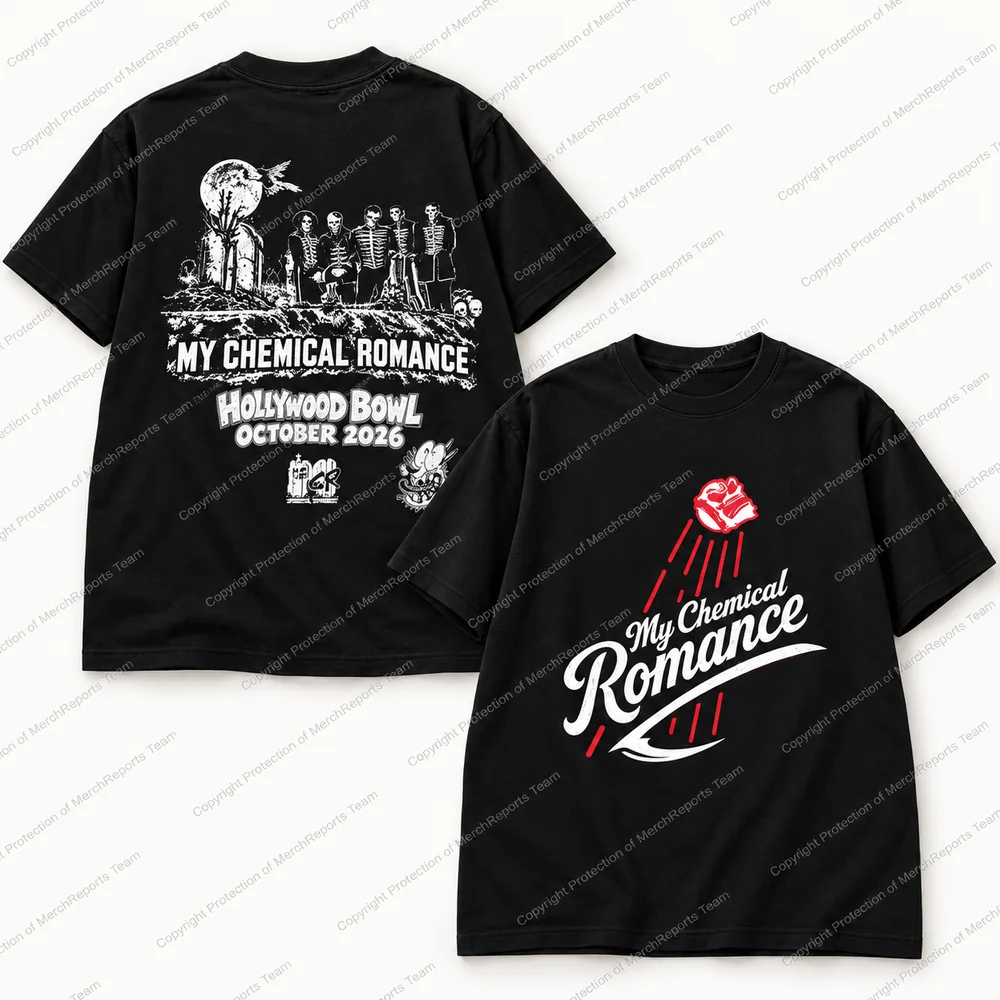 Front and back of the black My Chemical Romance Hollywood Bowl October 2026 T-shirt