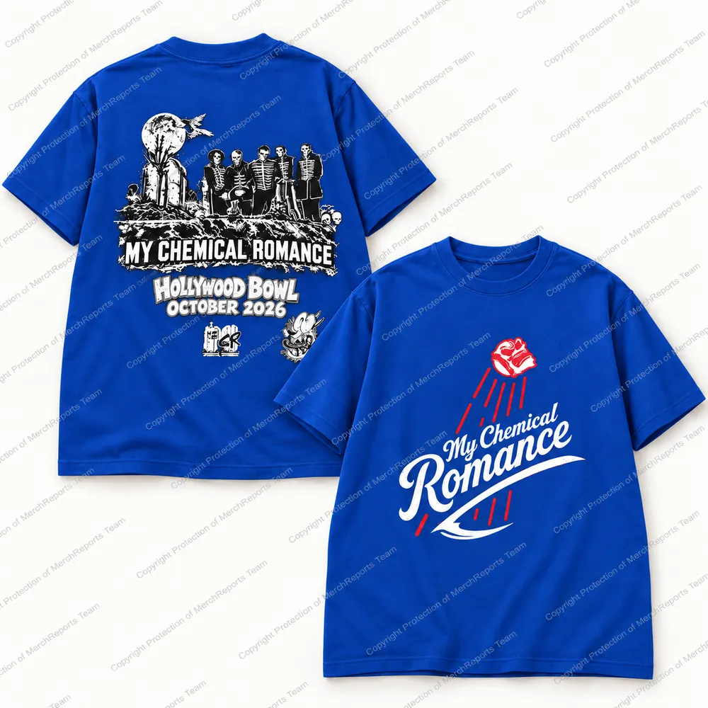 Front and back of the blue My Chemical Romance Hollywood Bowl October 2026 T-shirt