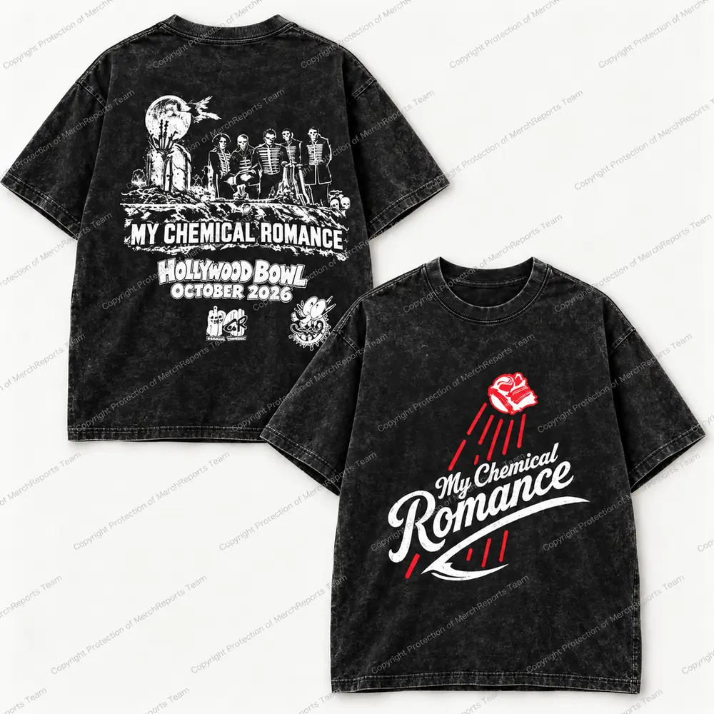 Front and back of the washed black My Chemical Romance Hollywood Bowl October 2026 T-shirt