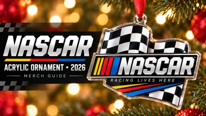 NASCAR Checkered Wordmark Acrylic Ornament artwork and 2026 merch guide title