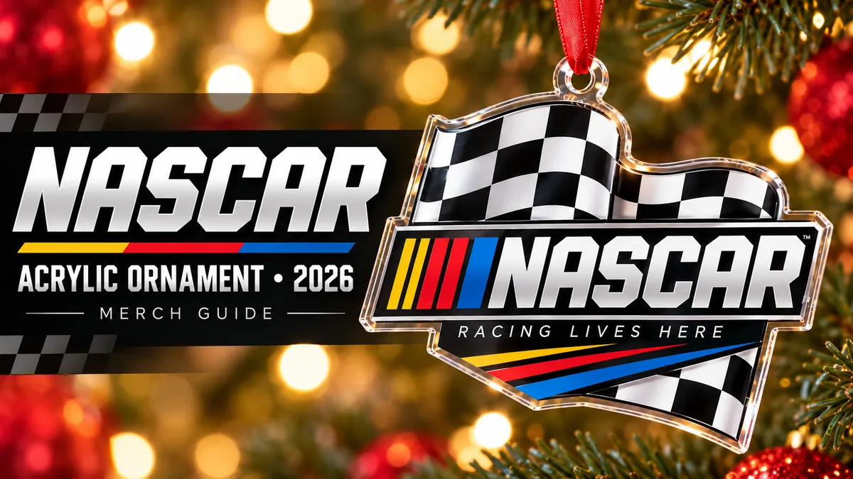 NASCAR Checkered Wordmark Acrylic Ornament artwork and 2026 merch guide title