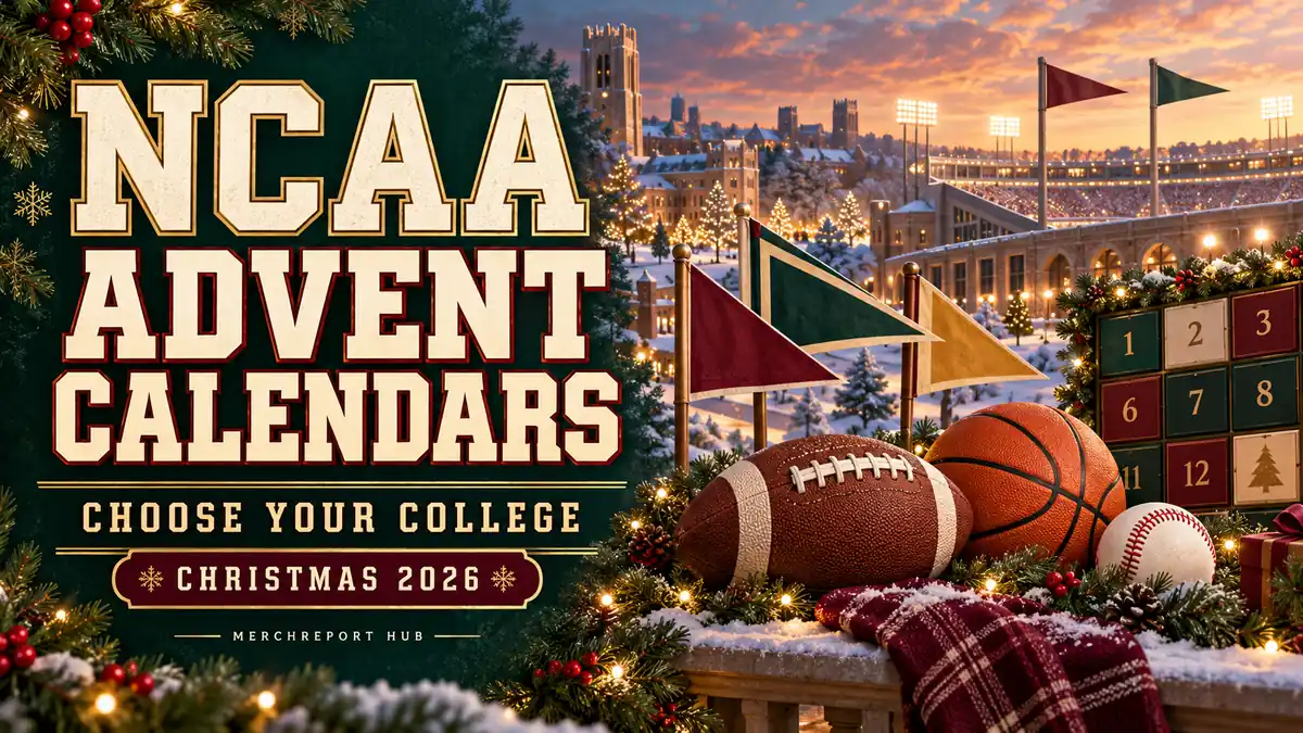 NCAA Advent Calendars Christmas 2026 banner with a winter campus, stadium and college sports equipment