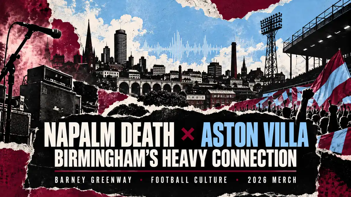 Claret and blue editorial collage of Birmingham, music equipment and football terraces.