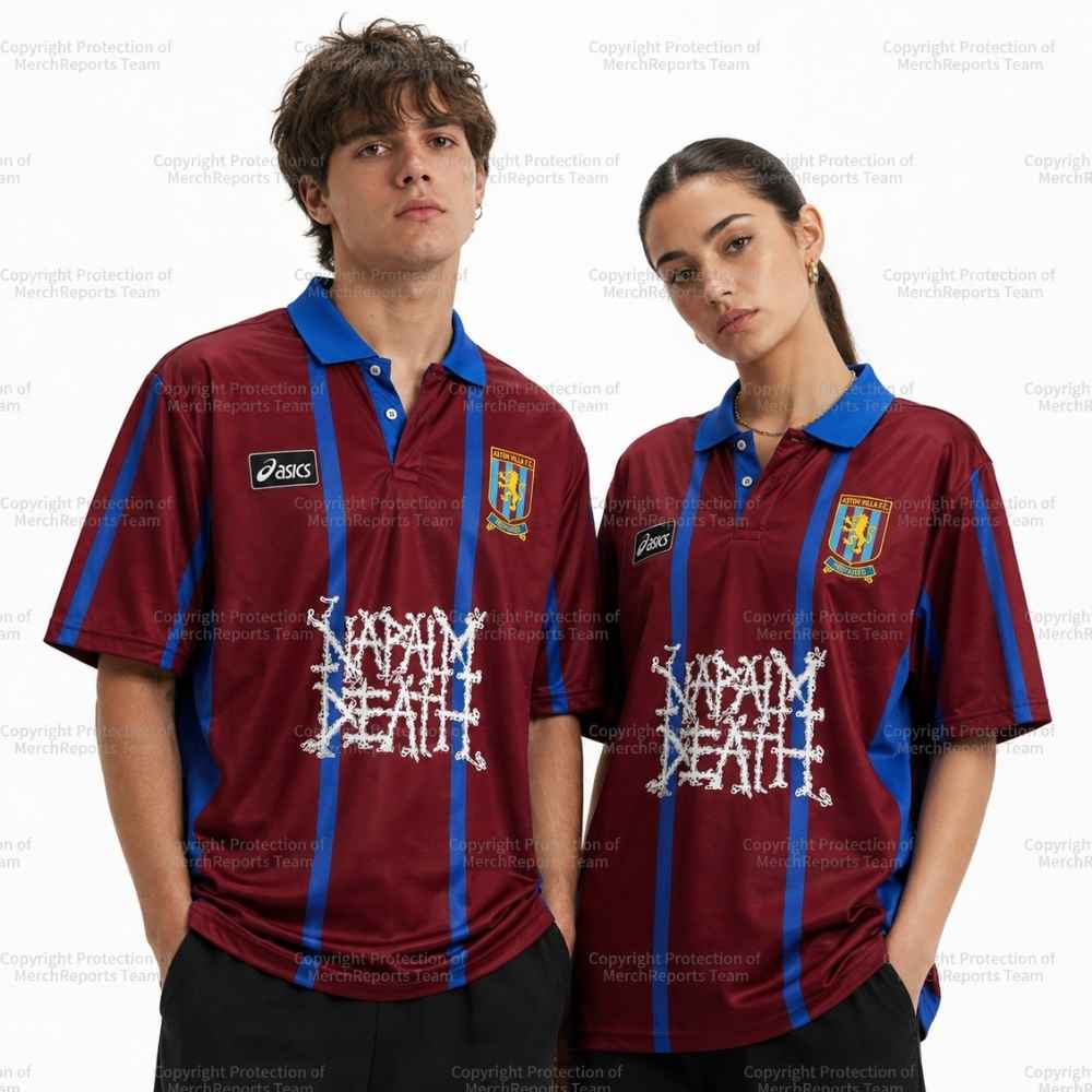 Claret and blue Napalm Death Aston Villa polo jersey shown on two models.