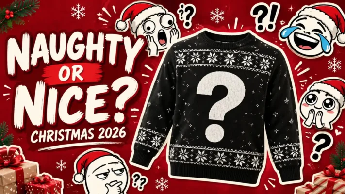 Black mystery Christmas sweater with a white question mark and playful holiday reaction faces