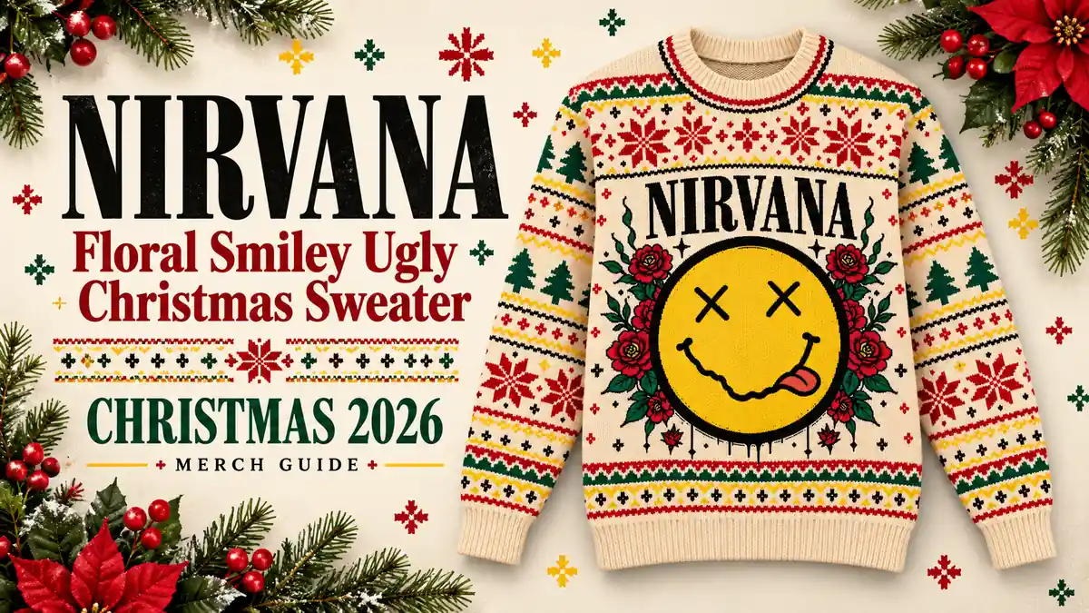 Nirvana Floral Smiley Ugly Christmas Sweater product artwork with Christmas 2026 merch guide title