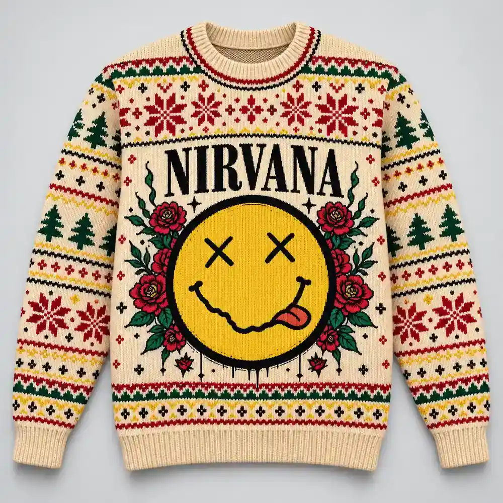 Nirvana Floral Smiley Ugly Christmas Sweater product artwork