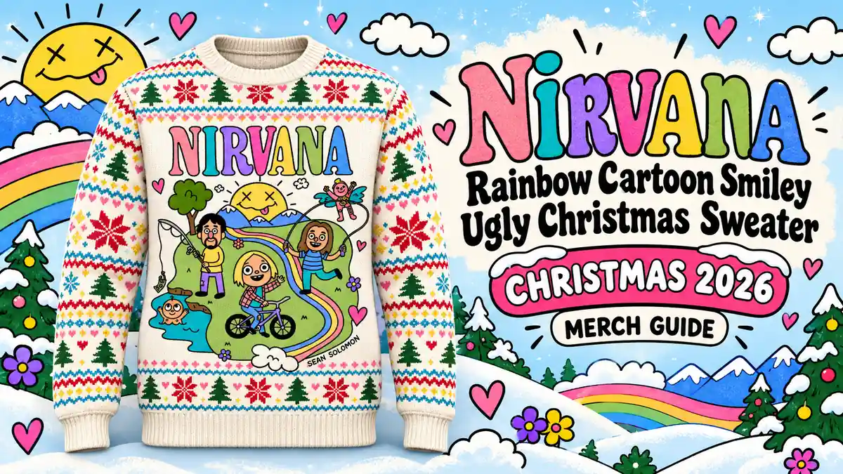 Nirvana Rainbow Cartoon Smiley Ugly Christmas Sweater product artwork with Christmas 2026 merch guide title