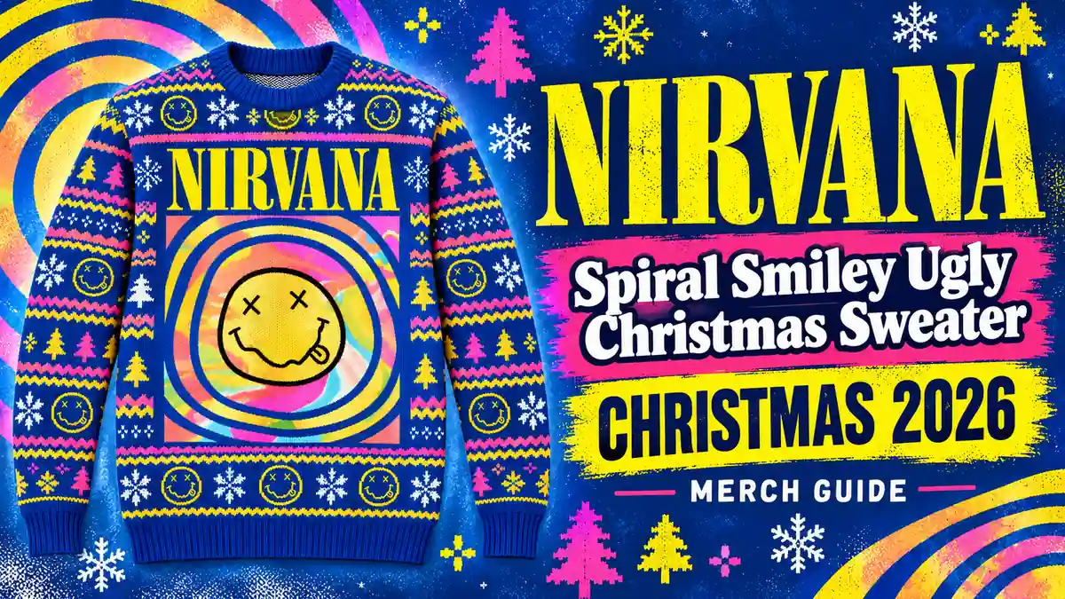 Nirvana Spiral Smiley Ugly Christmas Sweater product artwork with Christmas 2026 merch guide title
