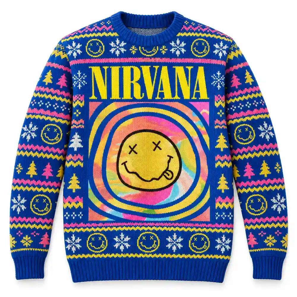 Nirvana Spiral Smiley Ugly Christmas Sweater product artwork