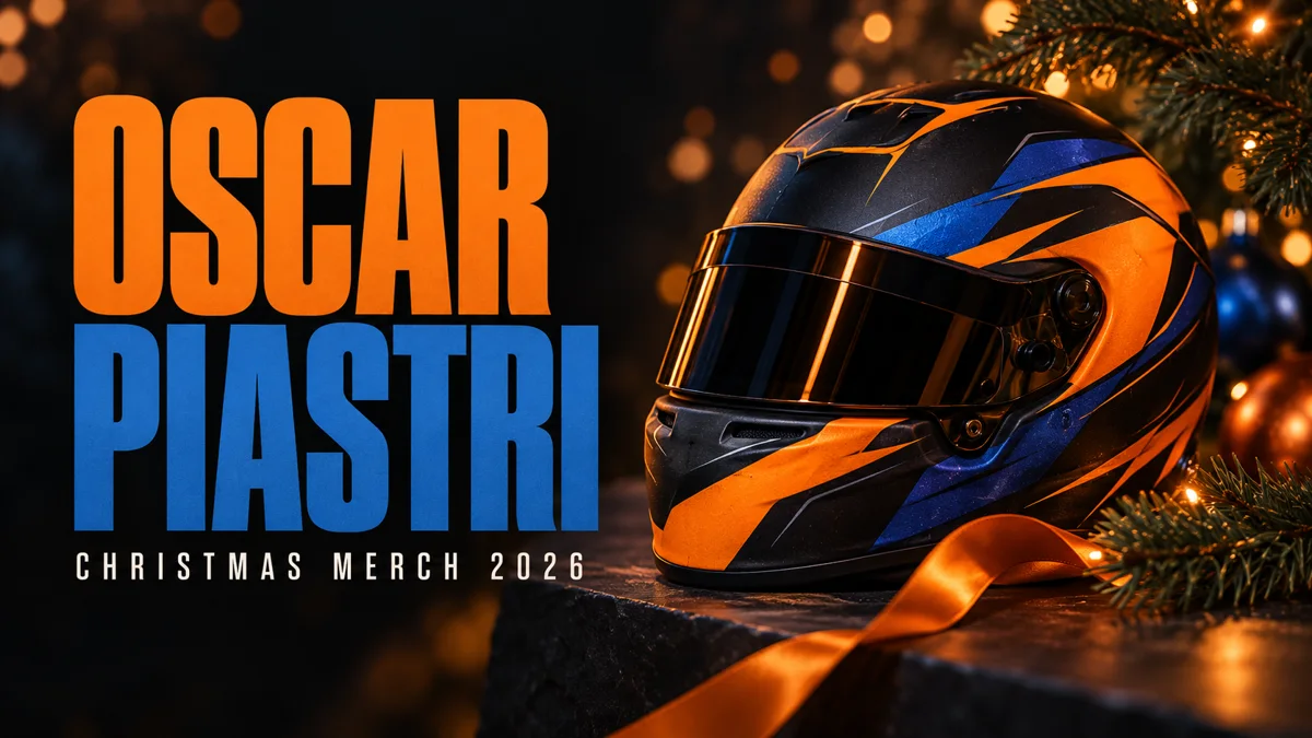 OSCAR PIASTRI Christmas merch 2026 editorial cover with a conceptual racing helmet