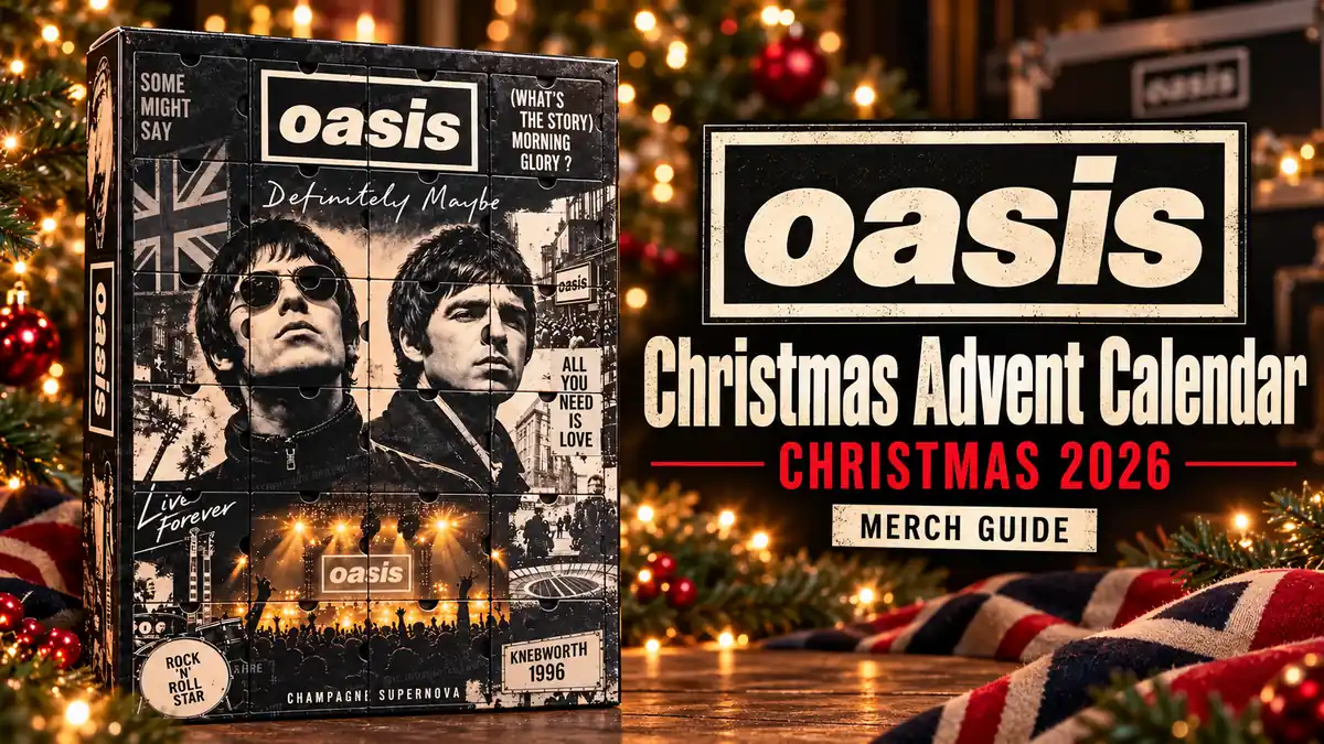 Oasis Christmas Advent Calendar product artwork with Christmas 2026 merch guide title