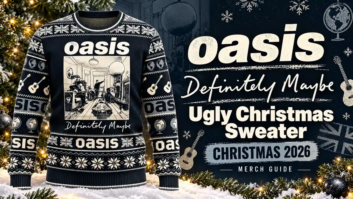 Oasis Definitely Maybe Ugly Christmas Sweater product artwork with Christmas 2026 merch guide title