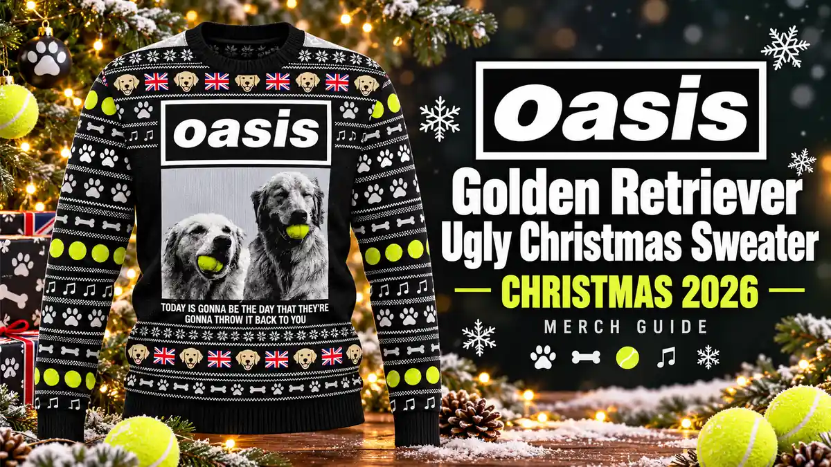 Oasis Golden Retriever Ugly Christmas Sweater product artwork with Christmas 2026 merch guide title