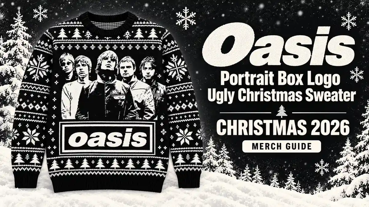 Oasis Portrait Box Logo Ugly Christmas Sweater product artwork with Christmas 2026 merch guide title