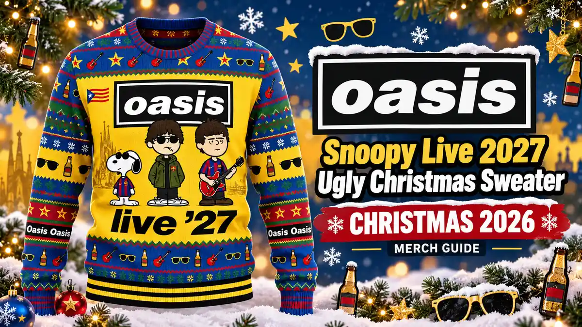 Oasis Snoopy Live 2027 Ugly Christmas Sweater product artwork with Christmas 2026 merch guide title