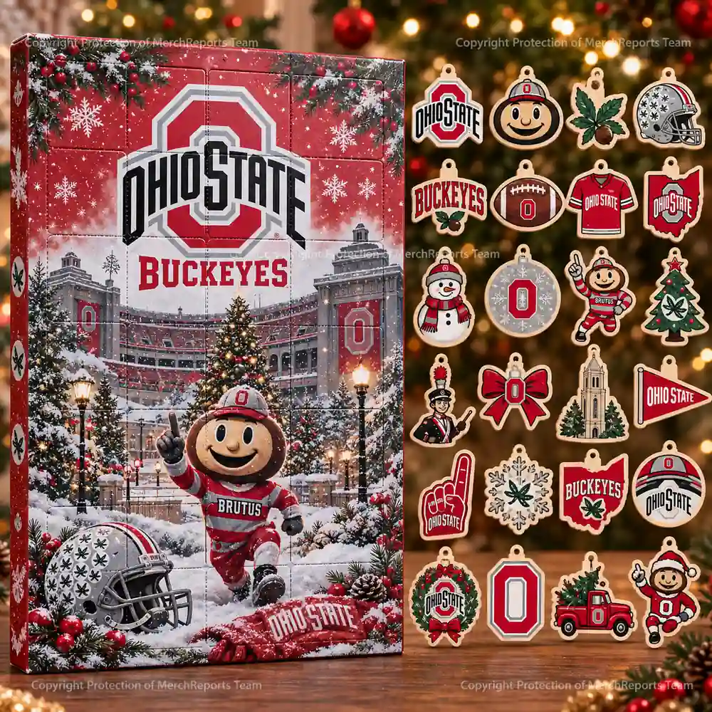 Ohio State Buckeyes NCAA Brutus Snowy Stadium Christmas 24-Ornaments Wooden Advent Calendar