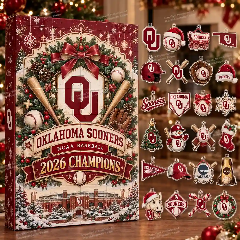 Oklahoma Sooners NCAA Baseball 2026 Champions Heritage Christmas 24 Ornaments Acrylic Advent Calendar Design B